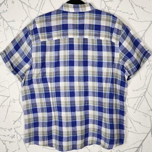 Attitude Blue Plaid Checks 100% Linen Western Short Sleeve Shirt - Picture 2 of 4